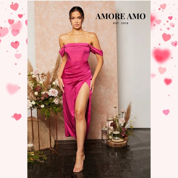 ❤️ Flora ❤️ Dress - Hug Hip Shell Pink Rose Flushed Ruched Satin Off Shoulder - Picture 3 of 10